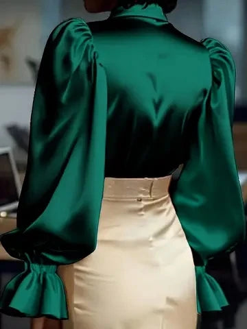 The Parisian Executive Satin Blouse | Ruffled Cuff Button-Down | Chic Office & Casual Silk-Touch Top | Parisian Princess