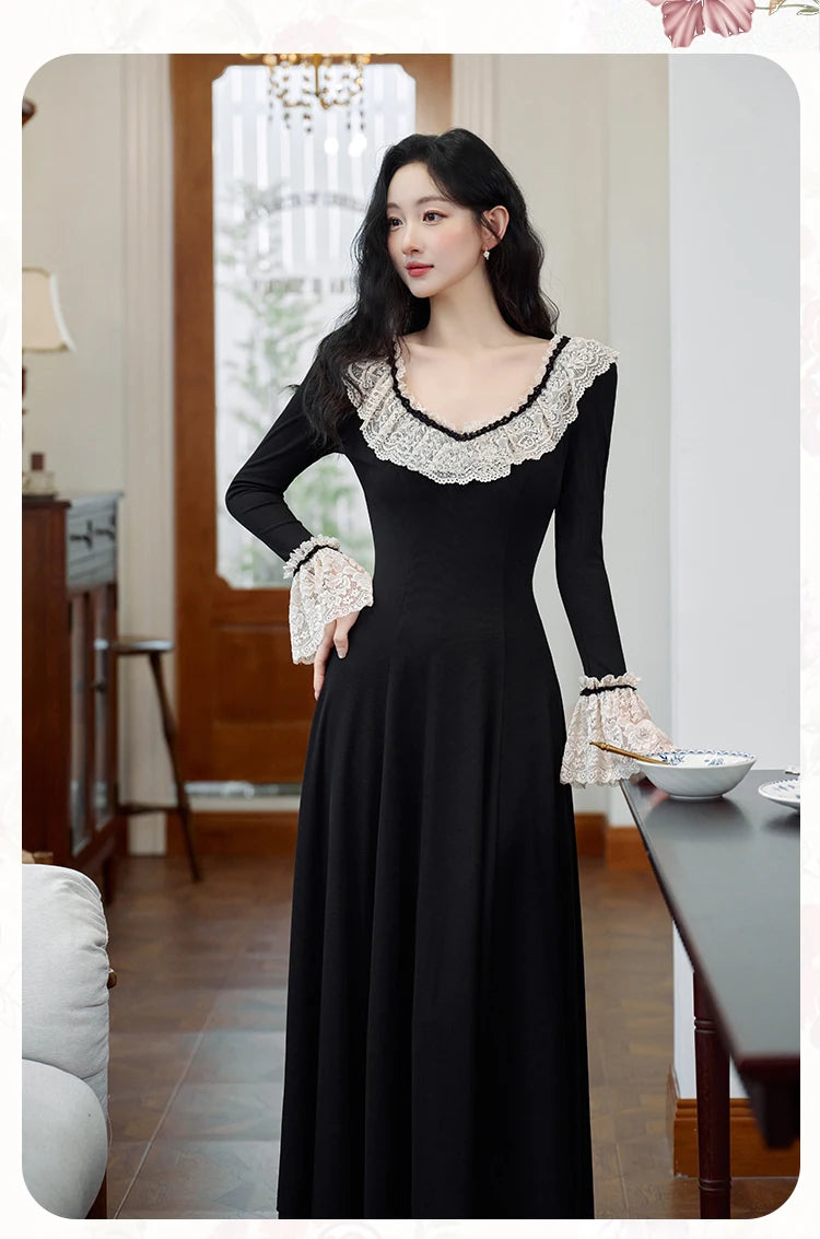 Vintage Black Knitted Basic Dress Woman Retro French Style Lace Collar Flare Sleeve Elegant Lady Long Dresses Vestido Negro