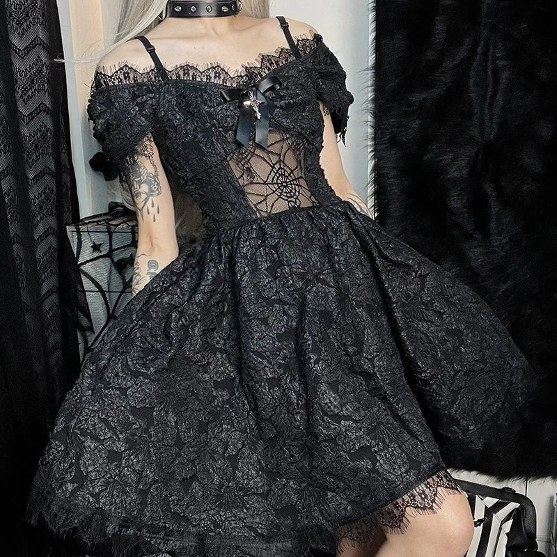 Gothica Lace Short Dress Women Cobweb Patchwork Short Sleeve Cold Shoulder Halloween Outfit Horror Ruffle Trim Costume