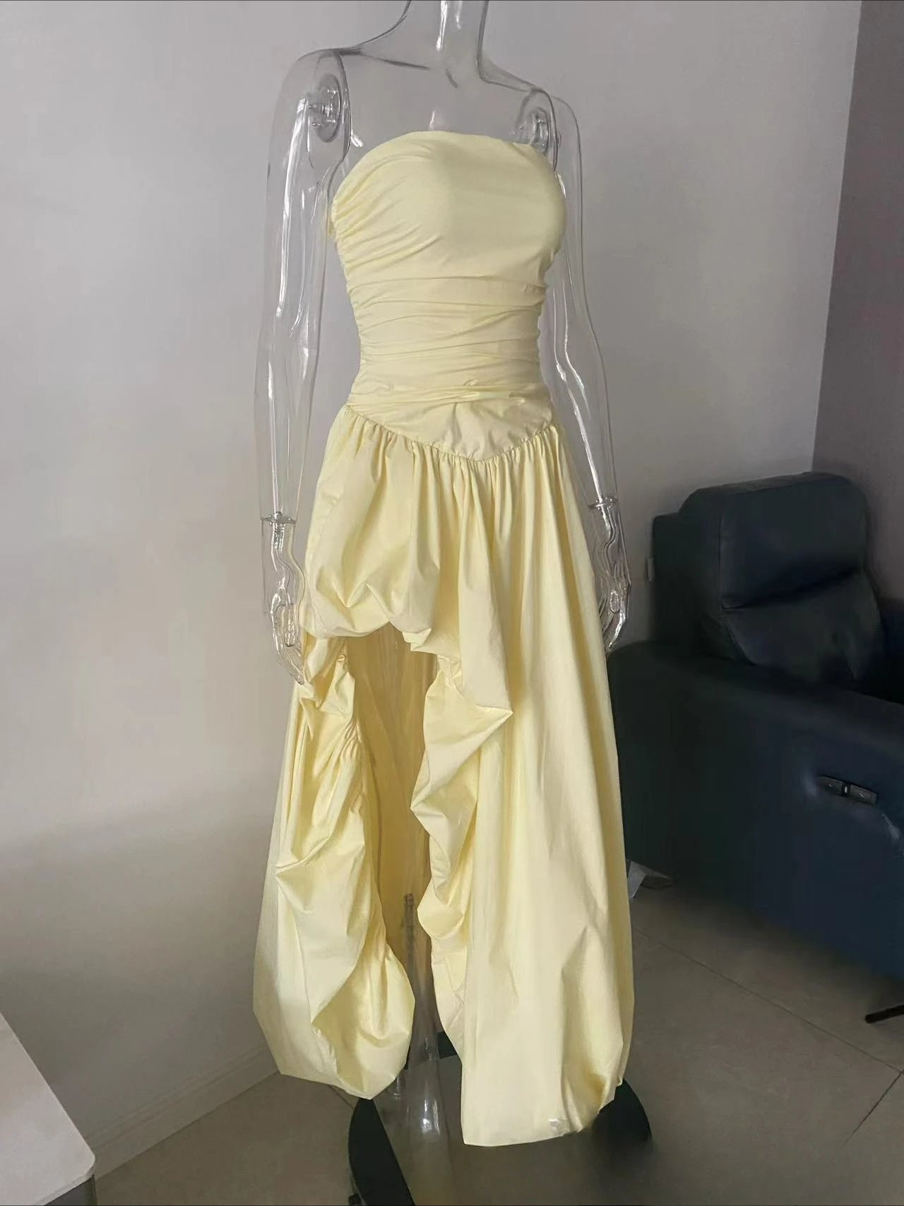 The Trianon Lemon Gown | French Temperament Irregular Lace Pendulum Dress | Yellow Tube Top High-Waist Fit & Flare Maxi | Parisian Princess