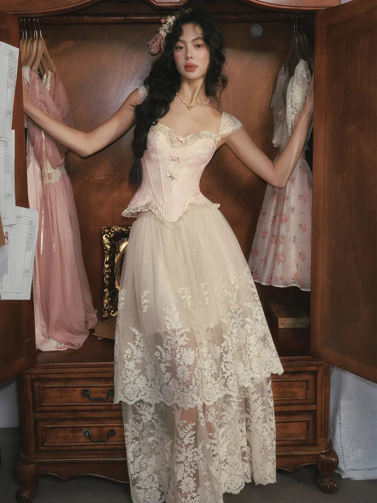 The Rosebud Versailles Lace Set | Pink Bustier & Shimmer Beige Maxi Skirt | Embroidered Two-Piece Gown | Parisian Princess
