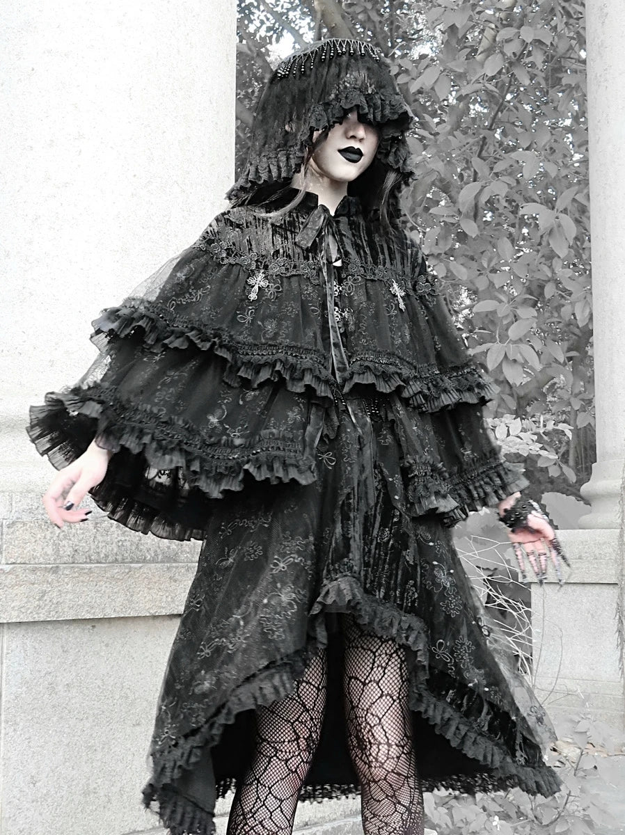 The Gothica Classical Noir Headdress | Heavy Lace Covering & Dark Veil Headband | Gothic Novelty Hairband | Parisian Princess