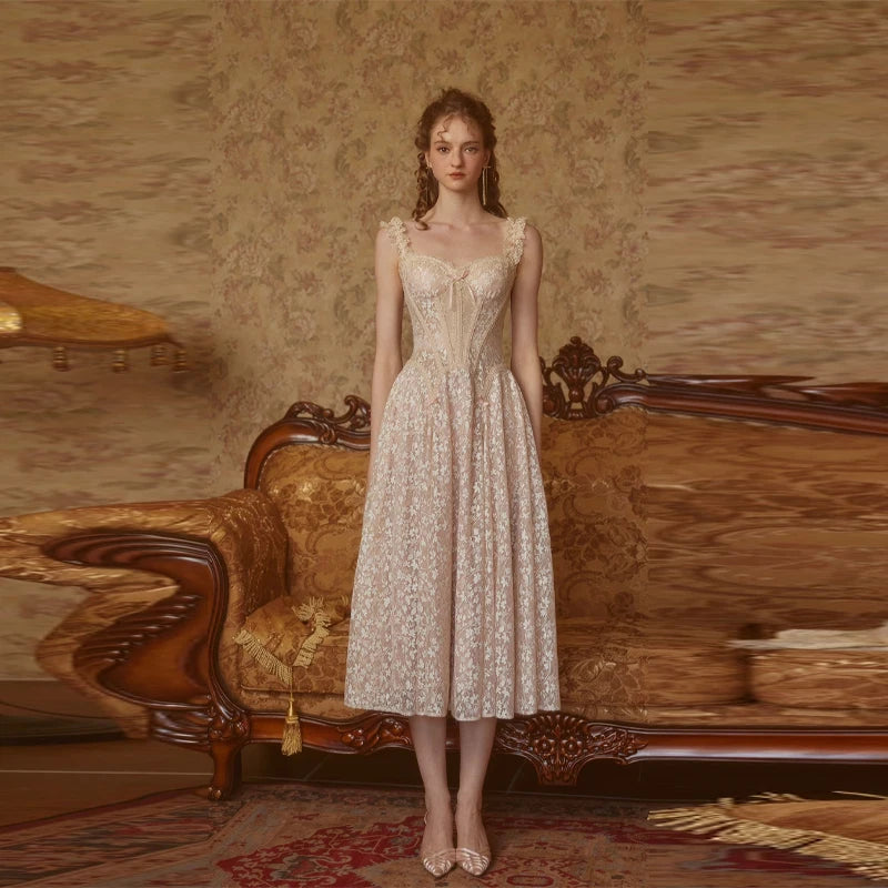 The Palais Floral Lace Midi | Long Sleeve Pleated Party Dress | French Palace A-Line Gown | Parisian Princess