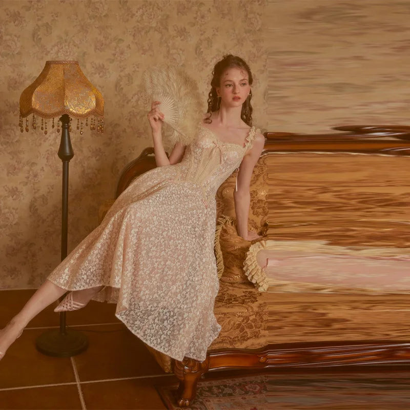 The Palais Floral Lace Midi | Long Sleeve Pleated Party Dress | French Palace A-Line Gown | Parisian Princess