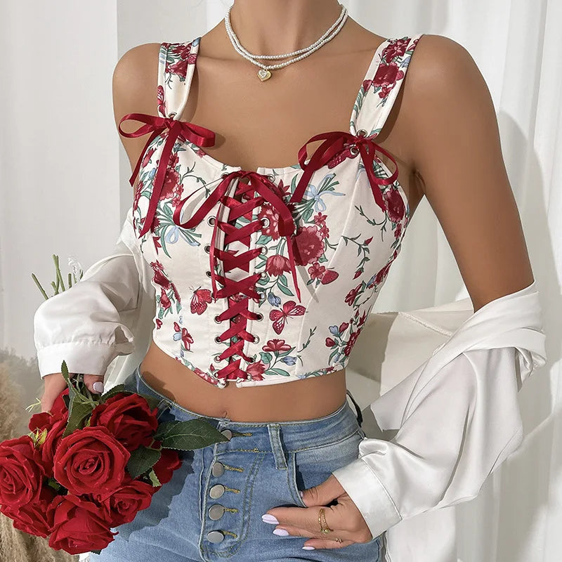 European Vintage Bow Corset Tops Sexy Floral Corset Bustier Crop Top Tank Lace Up Camisole For Women Going Out Outfit Bodyshaper