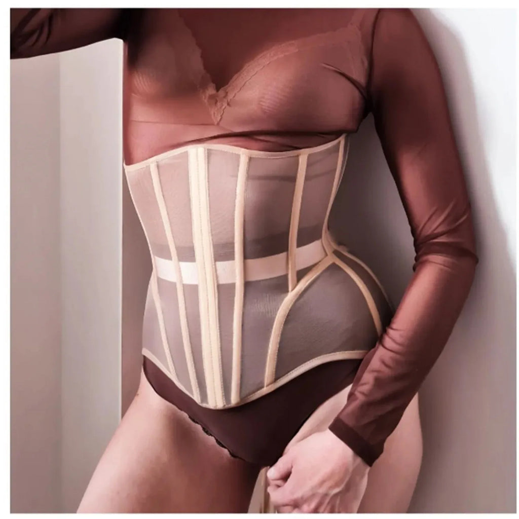 Women Abdomen Tight Corset Crops Under Bust Bustiers Breathable Mesh Waist Girdle With Bones Slimming Lace Up Bodices