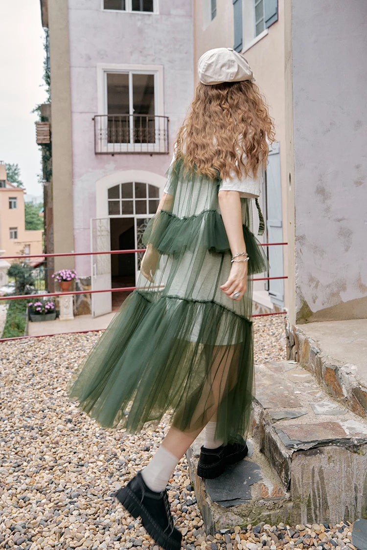 The Toulouse Cotton Lace Dress Set | Sweet Cool Printed T-Shirt & Spliced Maxi | Two-Piece Mesh Dress | Parisian Princess