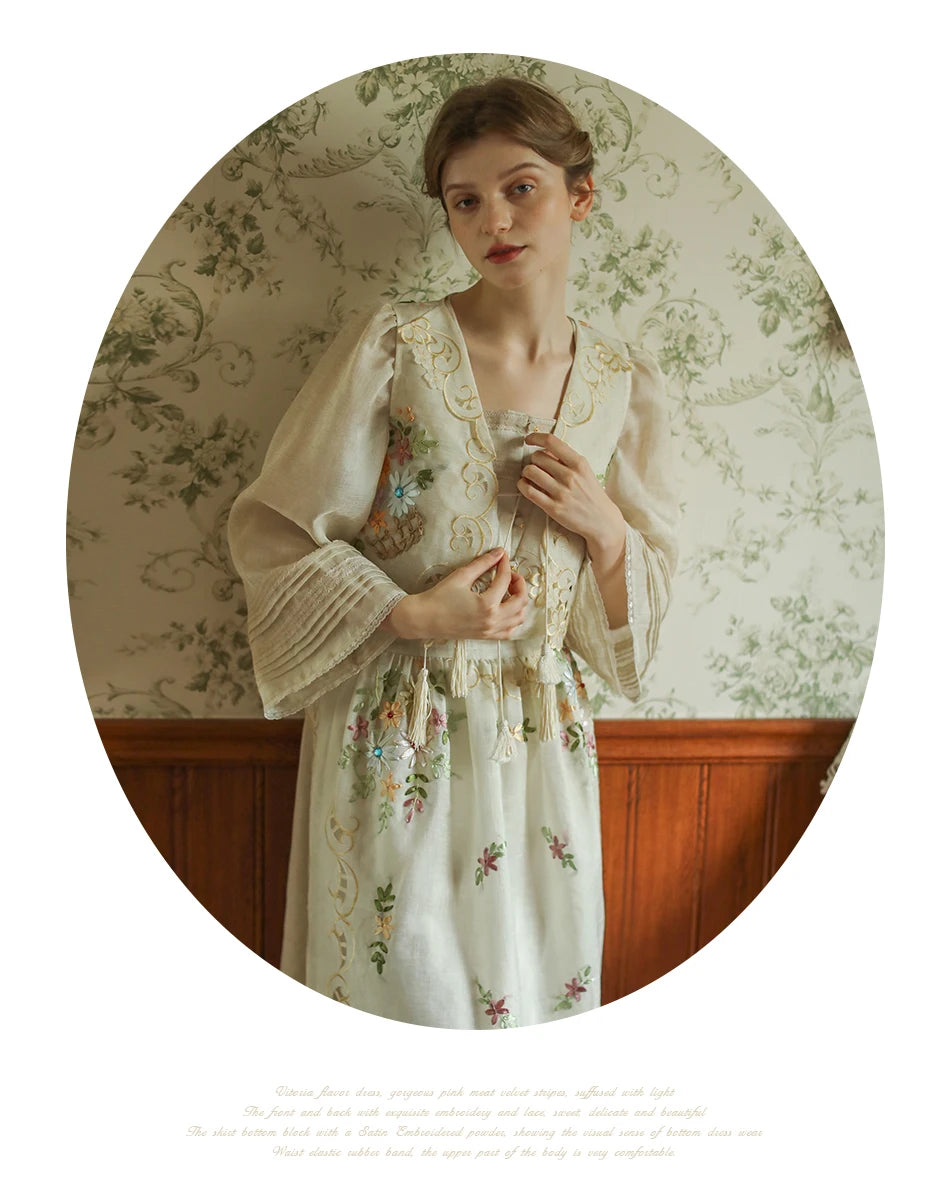 The Antoinette Tassel Embroidery Vest | French Antique Floral Cotton Gilet | Open-Stitch V-Neck | Parisian Princess