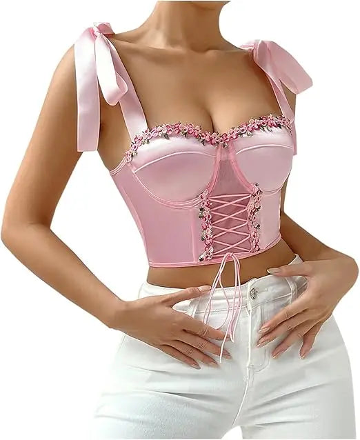The Rosé Promenade Bustier | Floral Trim Fishbone Corset | Lace-Up Pink Satin Crop Top | Parisian Princess