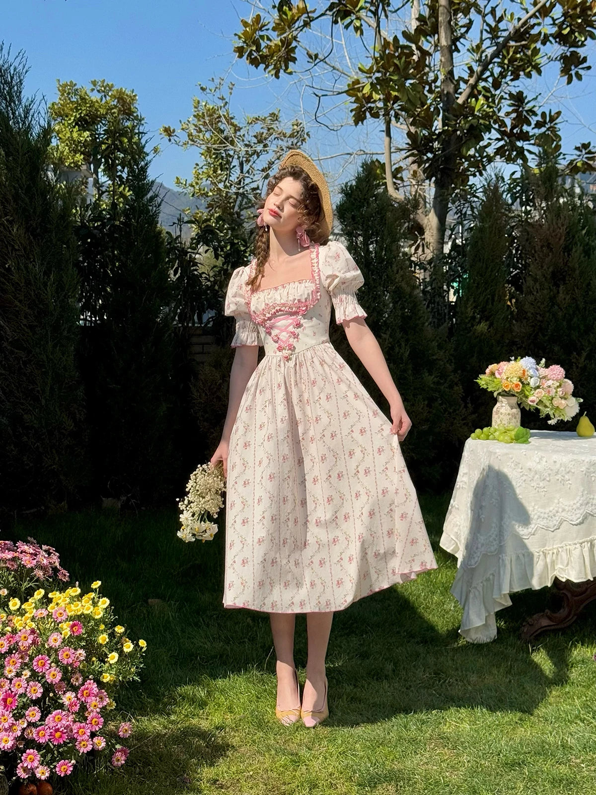 The Giverny Floral Cotton Gown | Square Neck Puff Sleeve Midi | French Countryside Prairie Dress | Parisian Princess