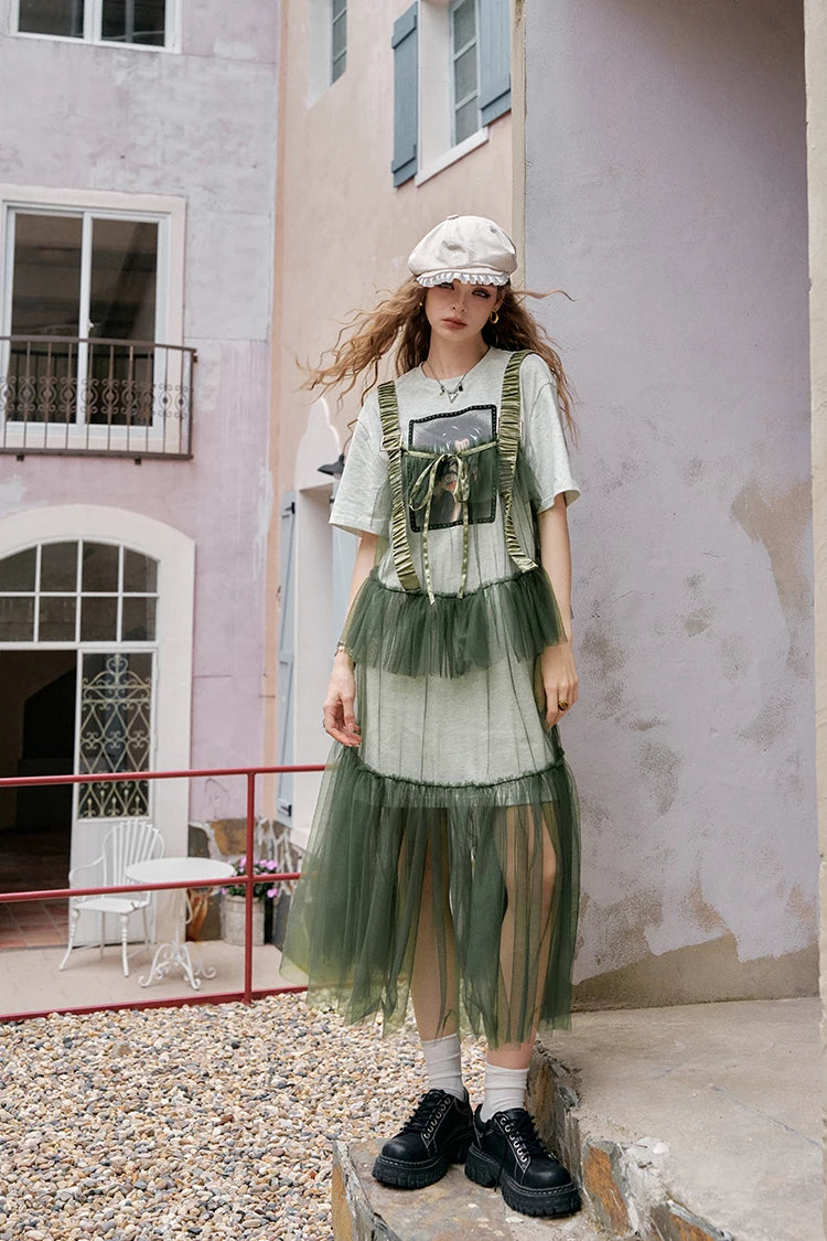 The Toulouse Cotton Lace Dress Set | Sweet Cool Printed T-Shirt & Spliced Maxi | Two-Piece Mesh Dress | Parisian Princess