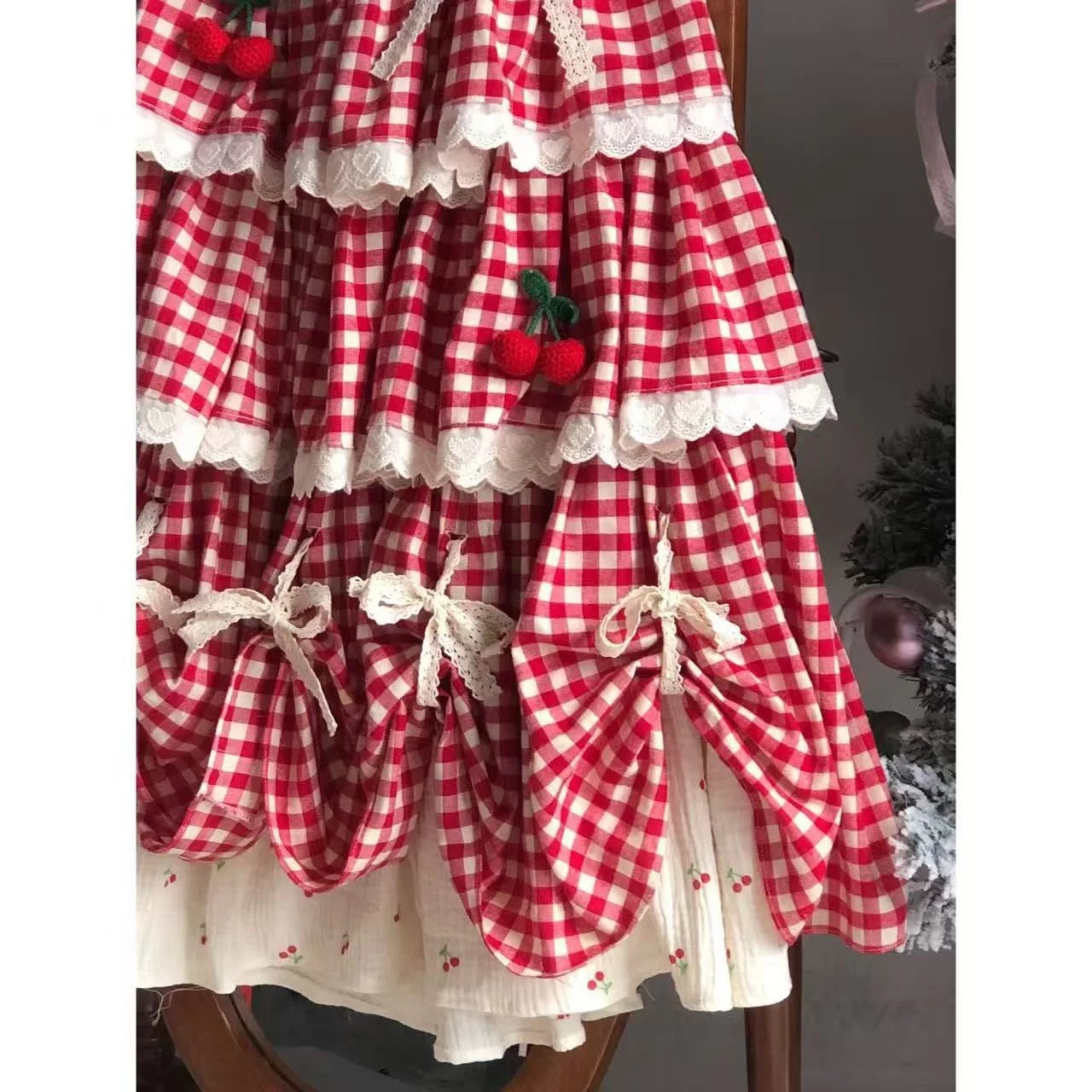 Sweet Multi-Layered Ruffle Cake Skirt Women's Parisian Cottagecore Cherry Design Lace Half Skirt Fresh And Cute Style Midi Skirt