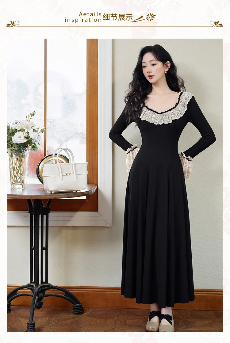 Vintage Black Knitted Basic Dress Woman Retro French Style Lace Collar Flare Sleeve Elegant Lady Long Dresses Vestido Negro