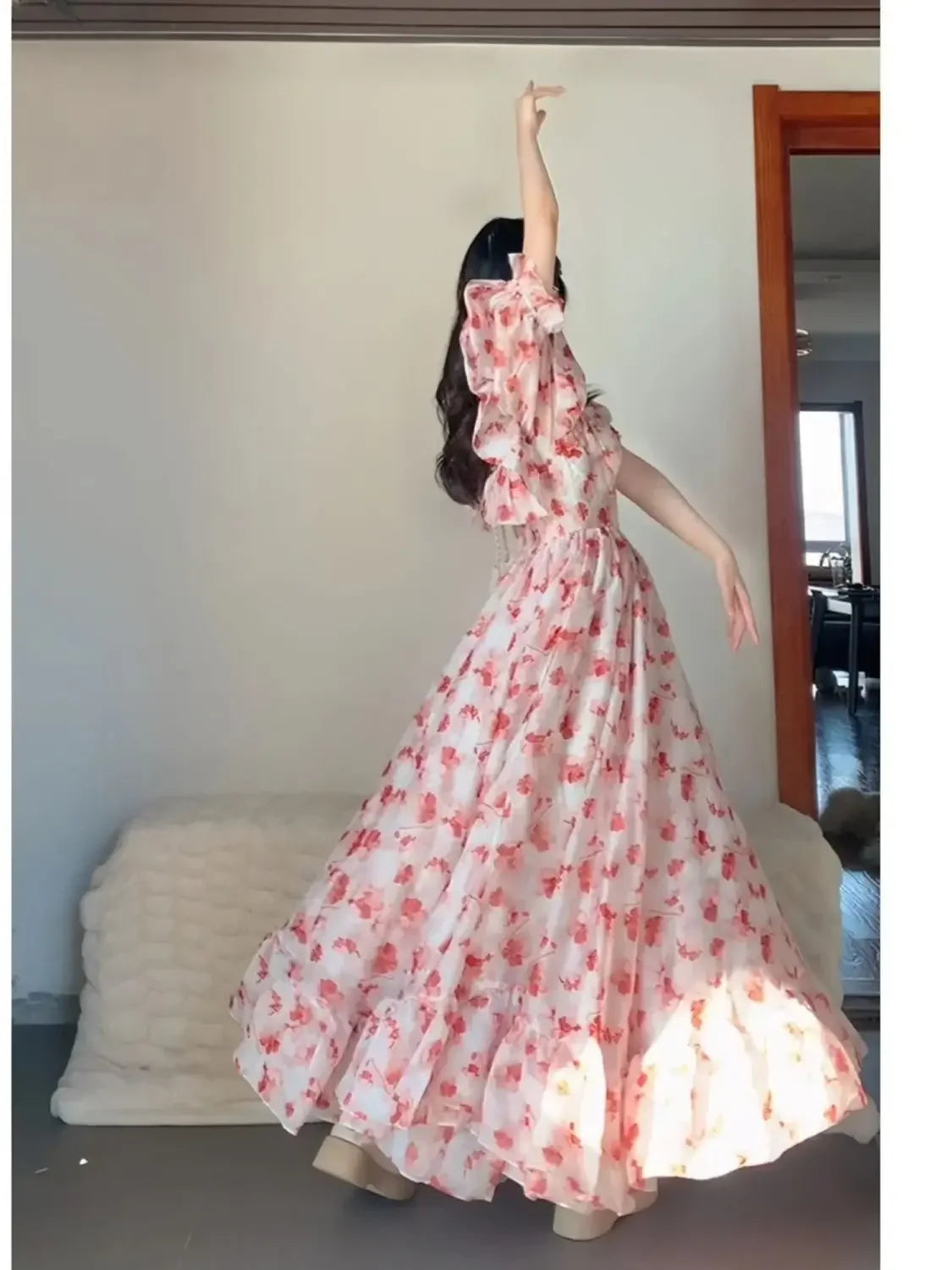 Parisian French Pink Floral Off-shoulder Dress Atmosphere Sense Vacation Style Tea Break Long Skirt Princess Dress