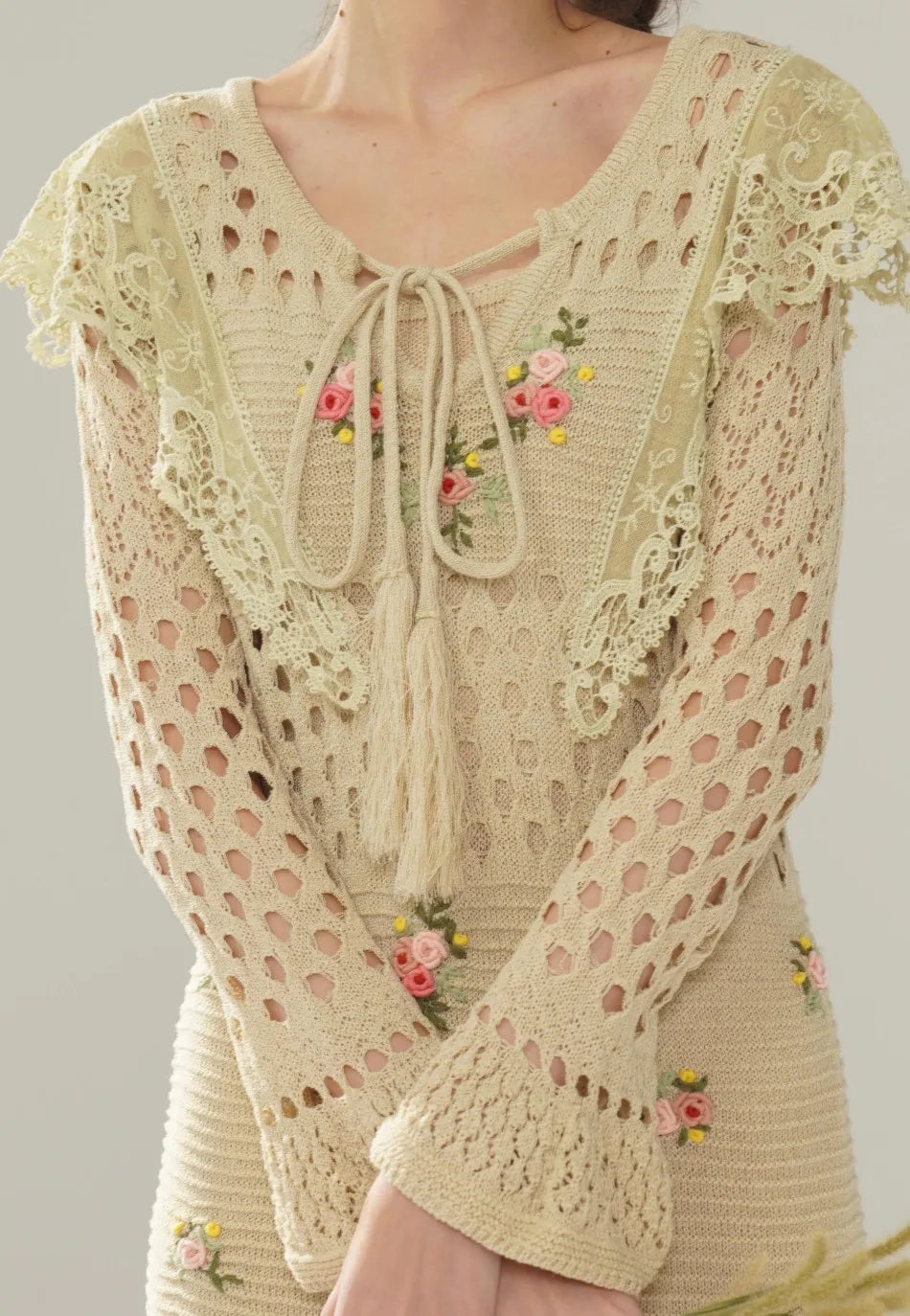 The Versailles Rose Knitted Fishtail | Hand-Embroidered Silk Blend Dress | French V-Neck Gown | Parisian Princess