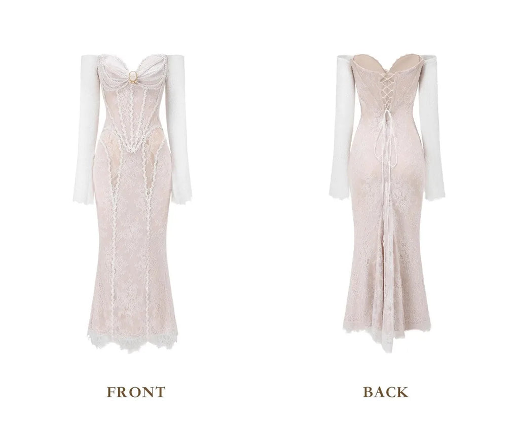 Parisian Romantic Winter Evening Gown Lace Dress Women Vintage Elegant Slim Sexy Birthday Wedding Party Strapless Dress