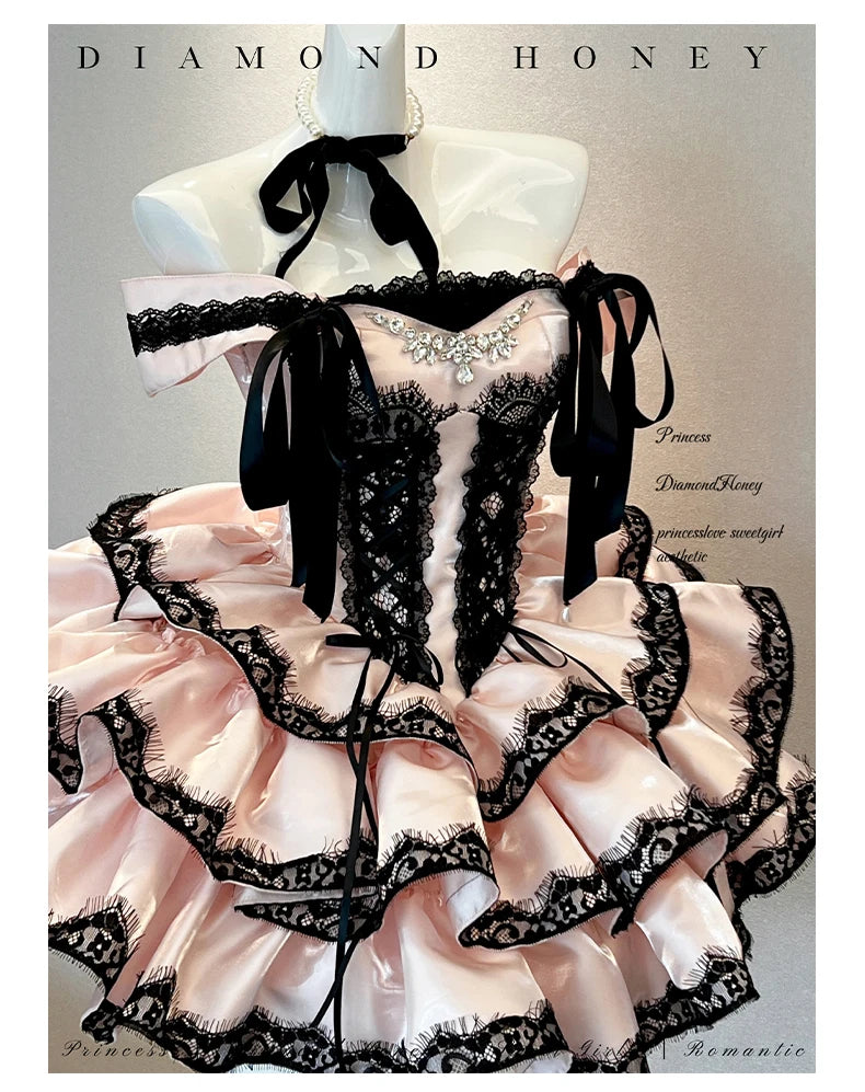 Princess Romantic Date Anniversary Wedding Party Pink Dress Girls Women's Sweet Lolita Halter Off-Shoulder Ball Gown Dresses