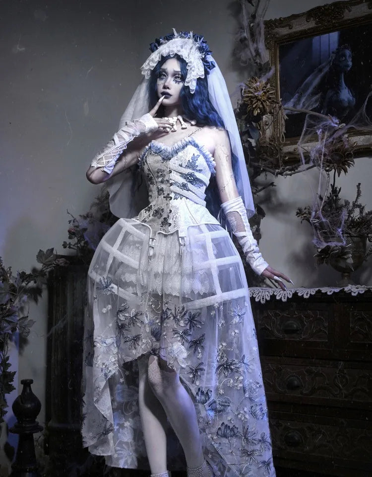 Parisian White Gothic Dress Birdcage Tube Emboridery Zombie Bride Slip Dress Palace Holloween Party Dresses Vestido Large