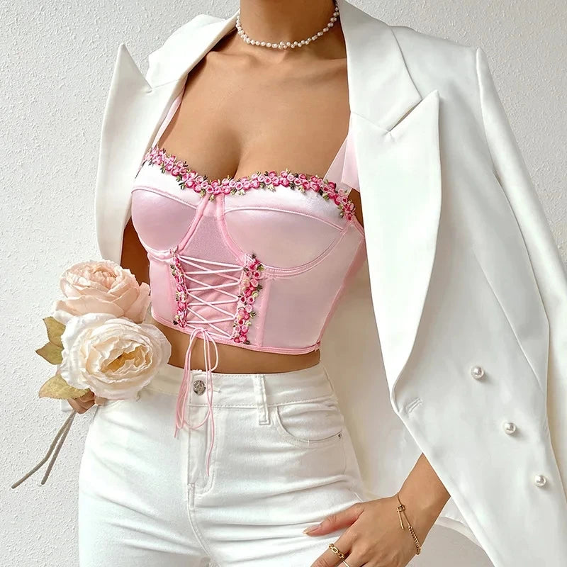 The Rosé Promenade Bustier | Floral Trim Fishbone Corset | Lace-Up Pink Satin Crop Top | Parisian Princess