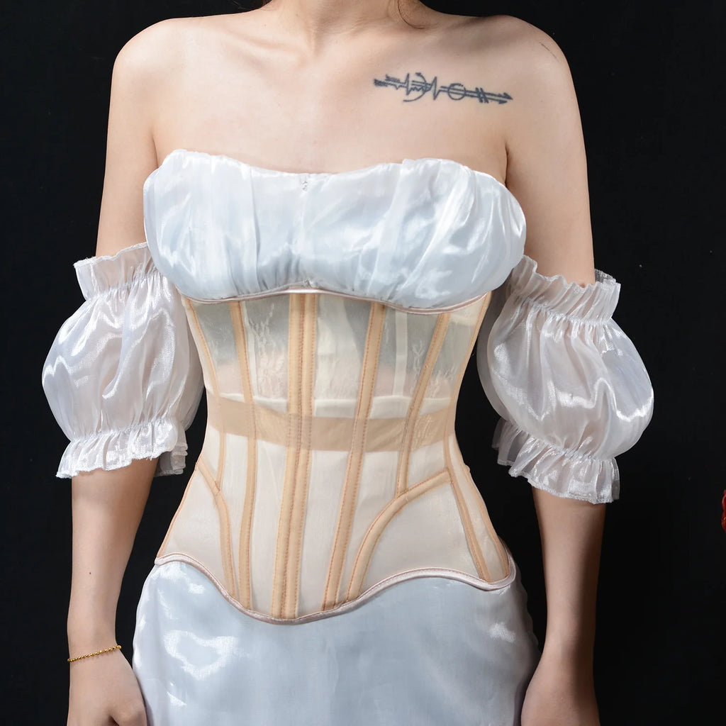 Women Abdomen Tight Corset Crops Under Bust Bustiers Breathable Mesh Waist Girdle With Bones Slimming Lace Up Bodices