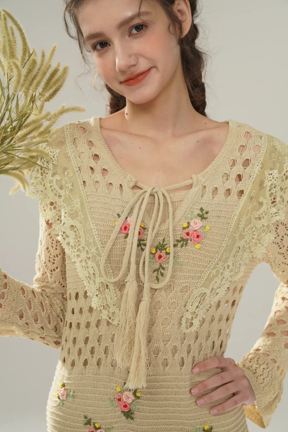 The Versailles Rose Knitted Fishtail | Hand-Embroidered Silk Blend Dress | French V-Neck Gown | Parisian Princess