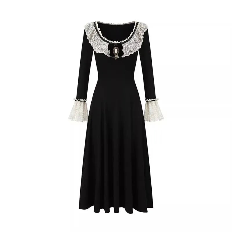88-102cm Bust Spring Fall Black Dresses For Women Vintage Elegant Slim Lace Collar Flare Sleeve Elastic Knitted Long Dresses