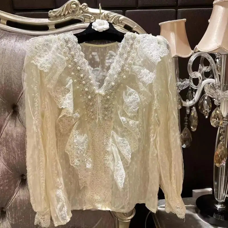 Beading Embroidery Lace Blouse | Lolita Elegant Puff Sleeve Shirt | French Chic V-Neck Spring Top | Parisian Princess