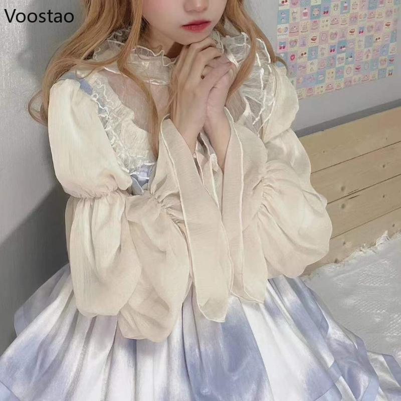 Elegant Vintage Lolita Blouses Women Sweet Cute Hollow Out Mesh Lace Ruffles Princess Shirts Female Gothic Loose Blouse Tops