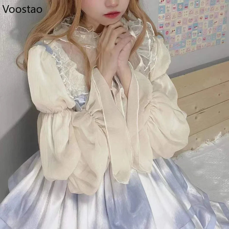 Elegant Vintage Lolita Blouses Women Sweet Cute Hollow Out Mesh Lace Ruffles Princess Shirts Female Gothic Loose Blouse Tops