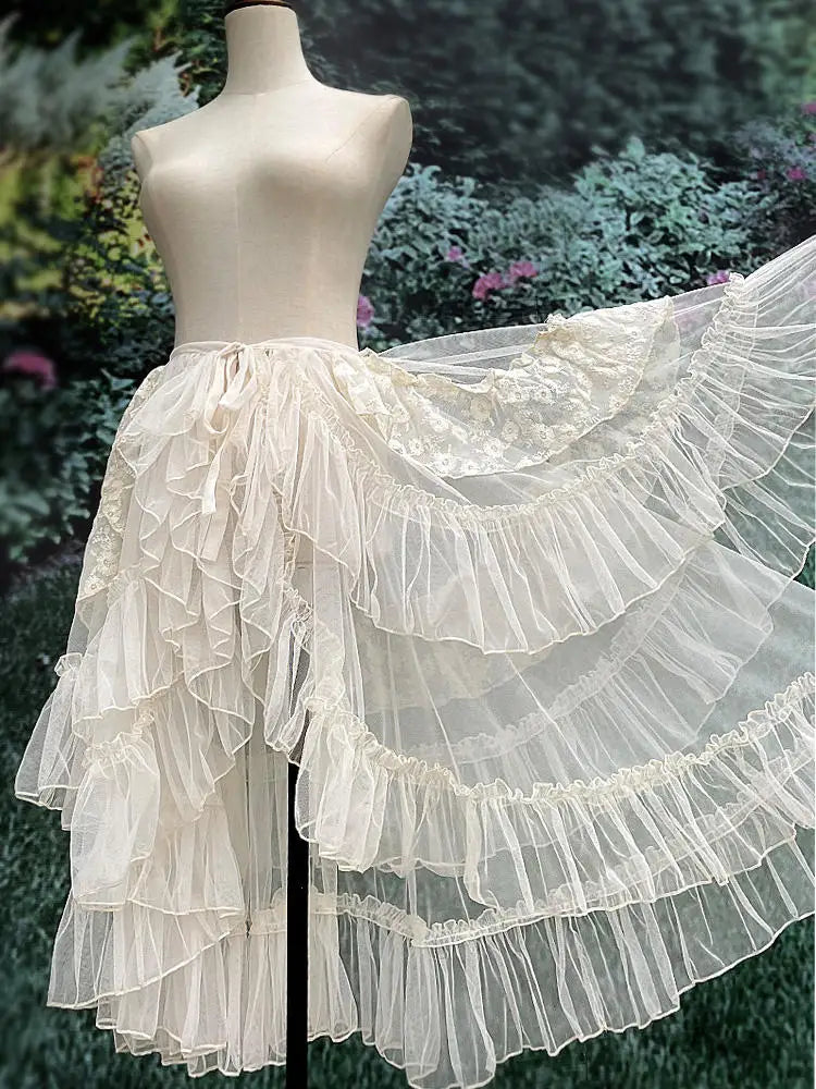 Gothic Lolita Lace Mesh Ruffles Fairy Princess Party Skirt Women Asymmetrical Cute Curtain Sheer Cover Up Thin Long Skirts White