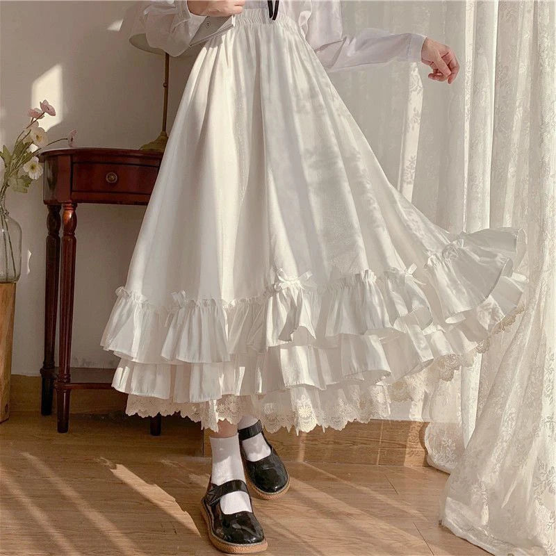 Fashion Sweet Midi Skirt Women Lace Patchwork Bow Preppy Fall Loose Casual Skirts Japanses Ruffle High Waist Solid Chic Skirt