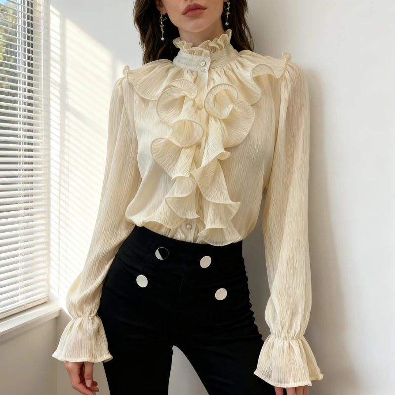 The Versailles Ruffled Chiffon Blouse | Stand Collar Lace Puff Sleeve | French Vintage Shirt | Parisian Princess