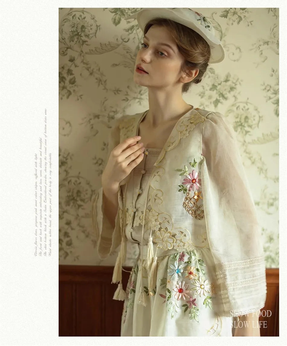 The Antoinette Tassel Embroidery Vest | French Antique Floral Cotton Gilet | Open-Stitch V-Neck | Parisian Princess