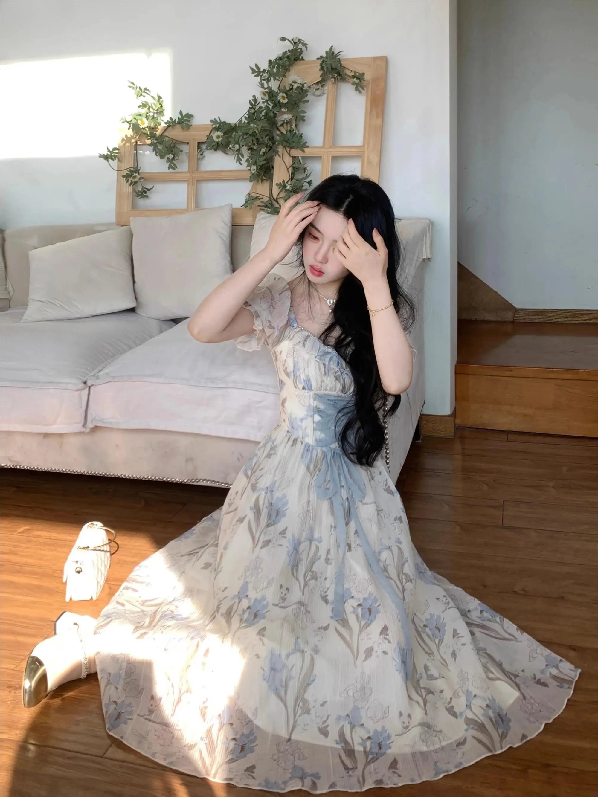 The Trianon Fairy Midi | Parisian Lace Puff Sleeve Princess Gown | Summer Fairycore A-Line Party Dress | Parisian Princess