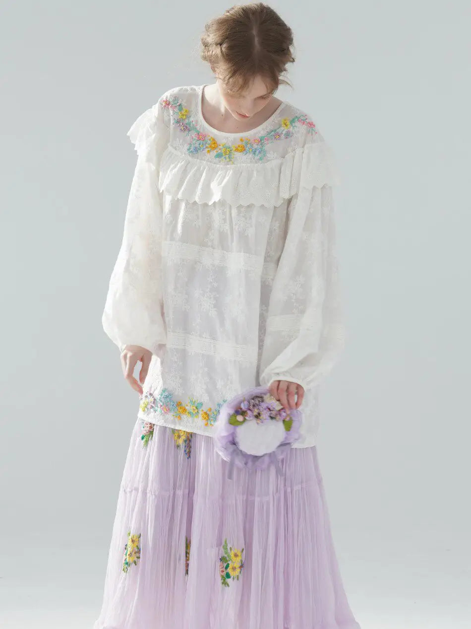 The Summer Floral Breeze Blouse | 100% Cotton Oversized White Top | Handmade 3D Embroidered Loose Lace Top | Parisian Princess