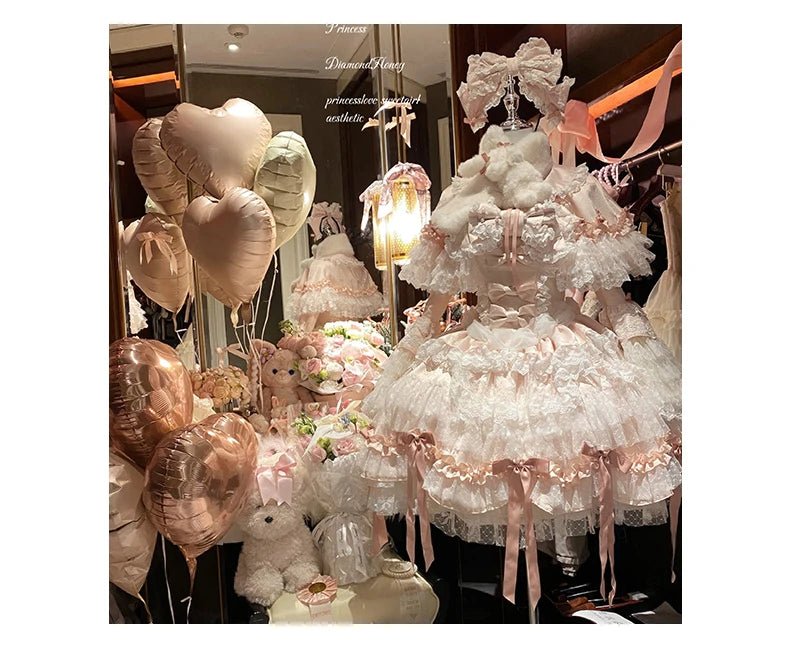 Pink Lolita Princess Dress Women's Bow Lace Heavy Industry Sweet Elegant Birthday Party Evening Dress Lady Suspender Dress Cloak