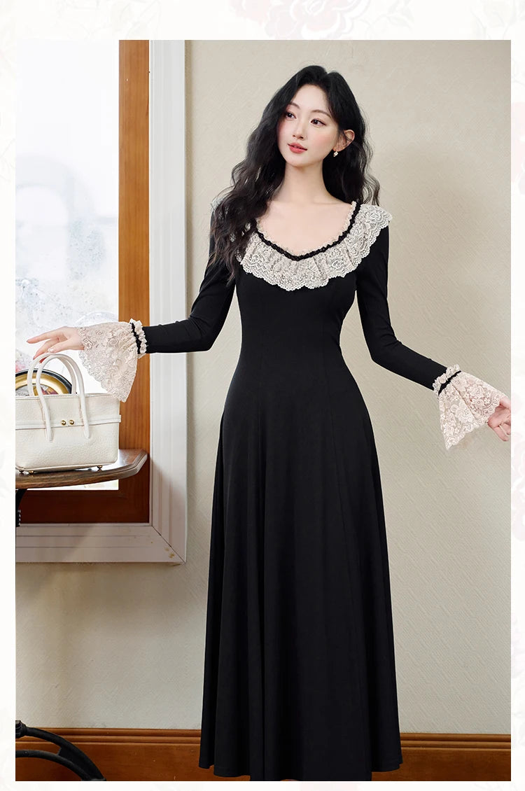 Vintage Black Knitted Basic Dress Woman Retro French Style Lace Collar Flare Sleeve Elegant Lady Long Dresses Vestido Negro