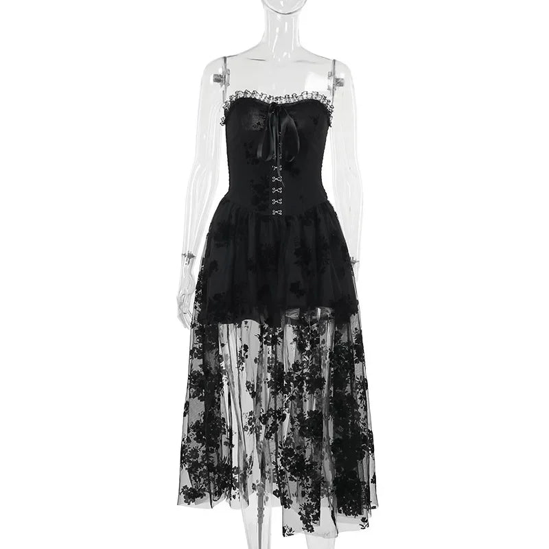Gothic Corset Dress Elegant Sheer Slim Fit Dark Bride Tulle Strapless  Dress