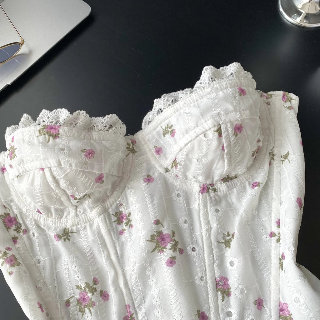 The Trianon Embroidered Corset | French Sweet Floral Lingerie Top | Hollow Out Backless Bandage Camisole | Parisian Princess