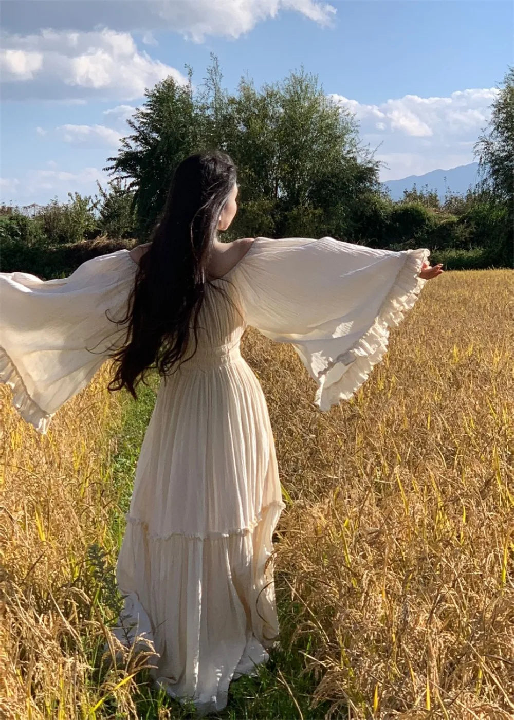 The Coalfell Vacation Gown | French Cotton-Linen Apricot Midi | Batwing Sleeve Lace Temperament Dress | Parisian Princess