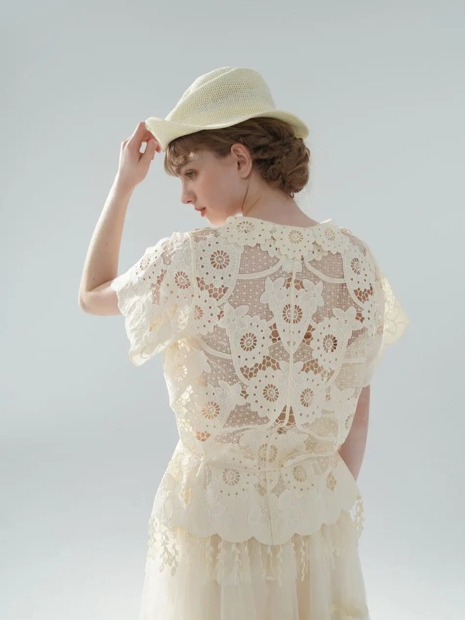 The Palais Cutwork Blouse | Summer Lace Shirt | Handmade 3D Floral All-Over Embroidered Turn-Down Collar Blouse | Parisian Princess