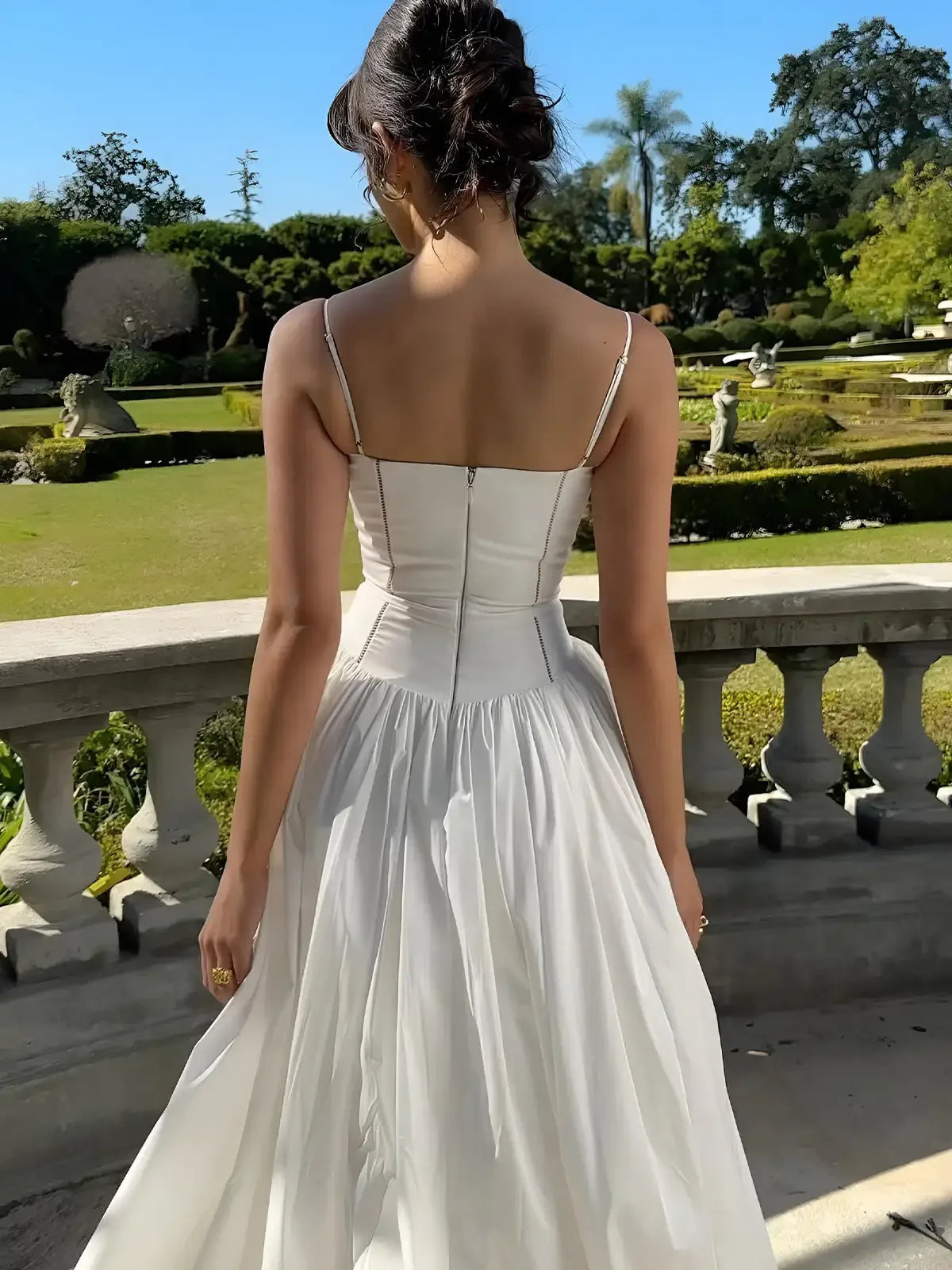 The Saint-Tropez Knotted Gown | French Corset-Detail Spaghetti Strap Mini | Flowy White Summer Beach Dress | Parisian Princess