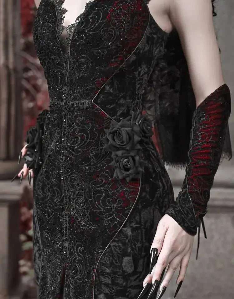 The Scarlet Blood Peak Manteau | French Gothic Dark Heart Velvet Gown | Glitter Mermaid Cosplay Dress | Winter 2024 Atelier Collection