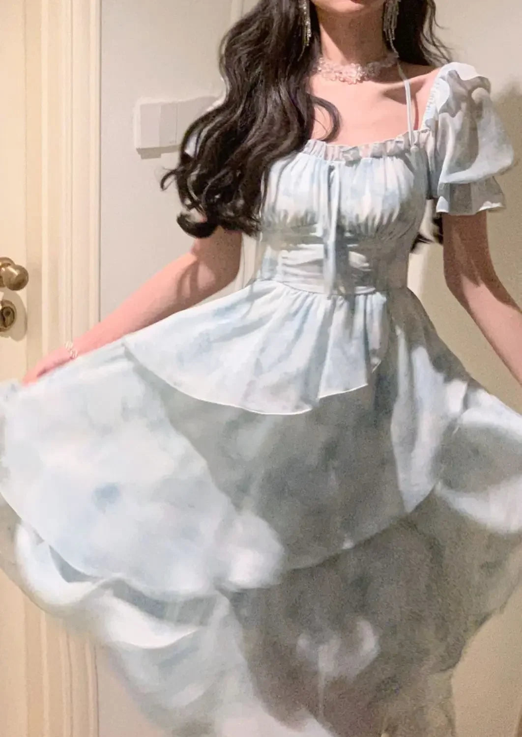 The Giverny Chiffon Gown | French Floral Empire Dress | Square Collar Fold-Detail Midi | Parisian Princess