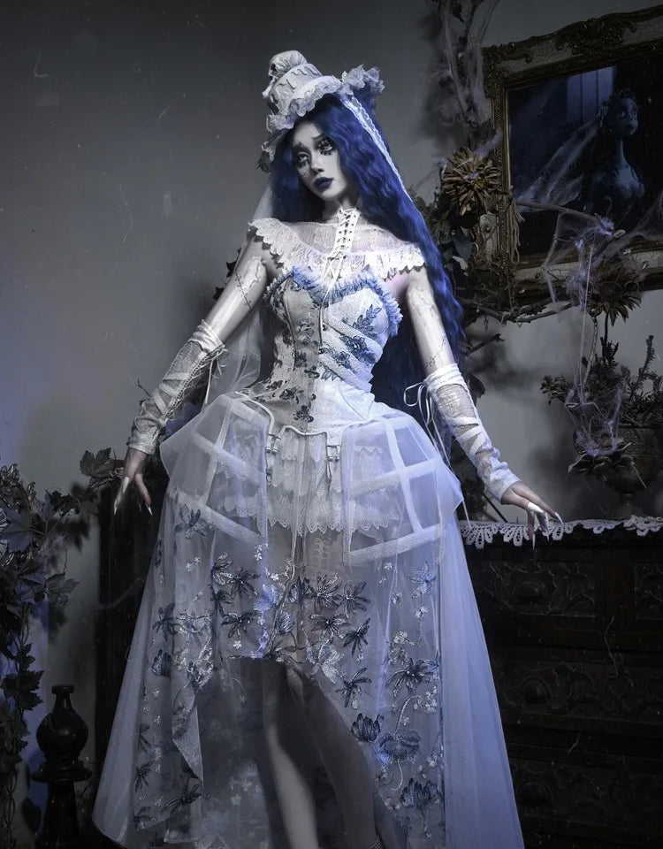 The Gothica White Gothic Dress | Zombie Bride Spine Lace Gown | Chiffon Tailed Party Dress with Cape | Parisian Princess