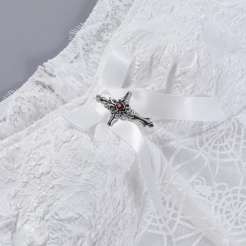 Gothica Lace Short Dress Women Cobweb Patchwork Short Sleeve Cold Shoulder Halloween Outfit Horror Ruffle Trim Costume