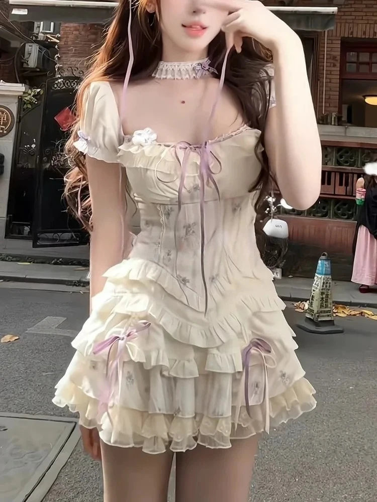 Sweet Parisian 2-Piece Dress Set Women Sexy Off-Shoulder Corset Tops + Mini Cake Skirt French Court Casual Parisian Chic Outfit New