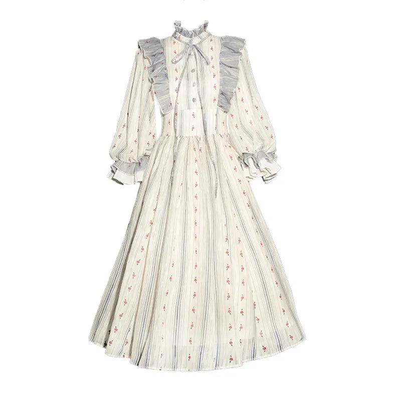Parisian Long Dresses For Women French Vintage Elegant Slim Luxury Jacquard Print Striped  Lantern Sleeve Dress