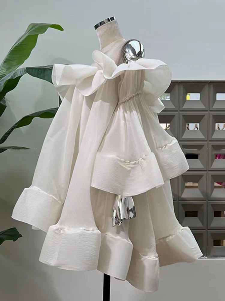 French one-shoulder ruffled strapless dress autumn women's wear princess dress fashionable loose puffy dress