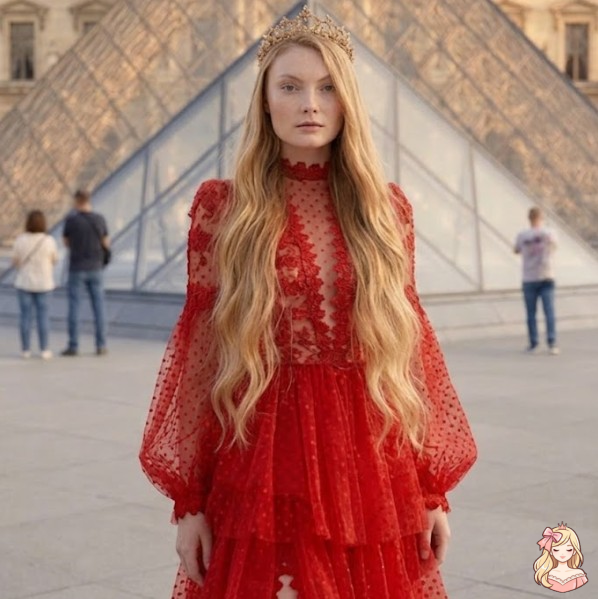 Woman in a red dress with a gold crown in front of the Louvre pyramid.